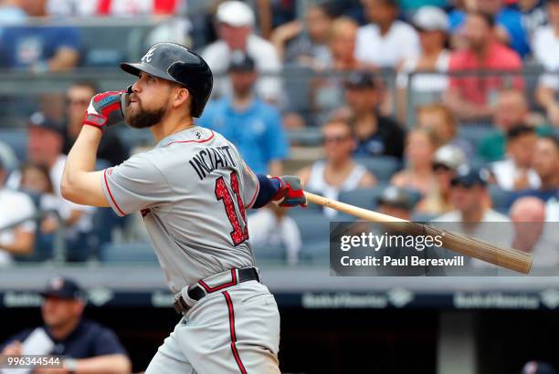 Ender Inciarte of the Atlanta Braves bats in an interleague MLB baseball game against the New York Yankees on July 4, 2018 at Yankee Stadium in the...