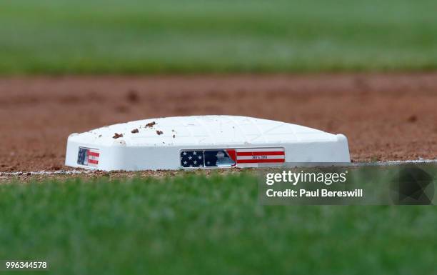 View of the third base bag showing the fourth of July date during an interleague MLB baseball game between the Atlanta Braves and New York Yankees on...