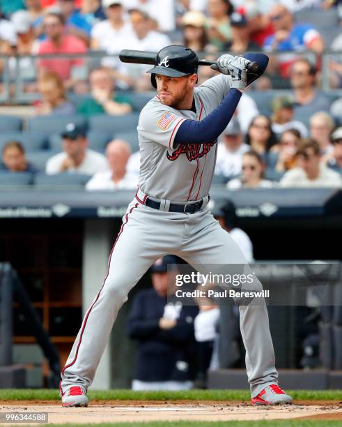 Freddie Freeman of the Atlanta Braves bats in an interleague MLB baseball game against the New York Yankees on July 4, 2018 at Yankee Stadium in the...