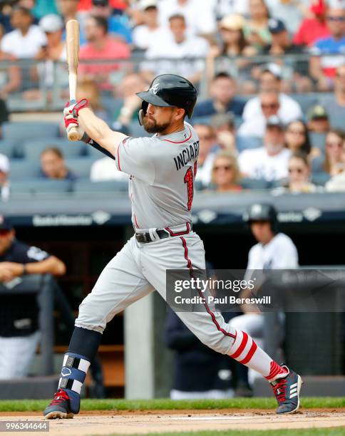 Ender Inciarte of the Atlanta Braves bats in an interleague MLB baseball game against the New York Yankees on July 4, 2018 at Yankee Stadium in the...