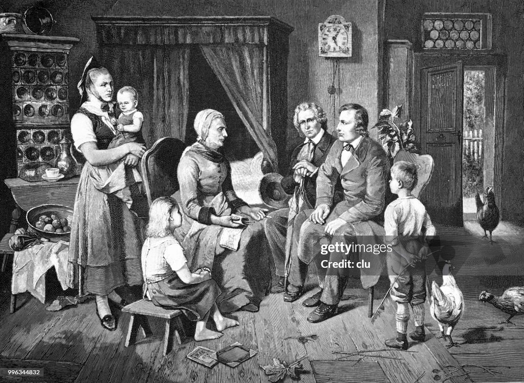 Brothers Jakob and Wilhelm Grimm with a storyteller