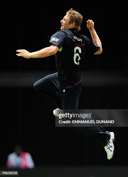 English bowler Luke Wright celebrates after the dismissal of Australian batsman Cameron White during the Men's ICC World Twenty20 final match between...