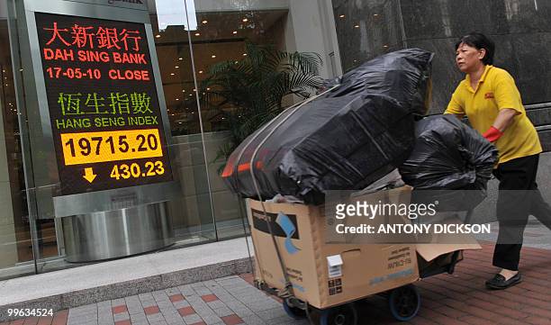 Cleaner pushes a cart past a digital display of the Hang Seng index at its close on May 17, 2010. Hong Kong's benchmark Hang Seng Index gave up 2.14...