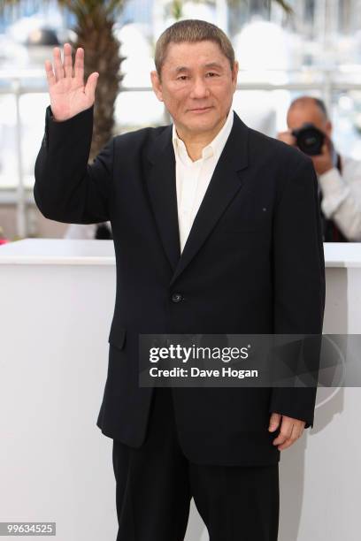 Director Takeshi Kitano attends the "Outrage" Photocall at the Salon Diane at The Majestic during the 63rd Annual Cannes Film Festival on May 17,...