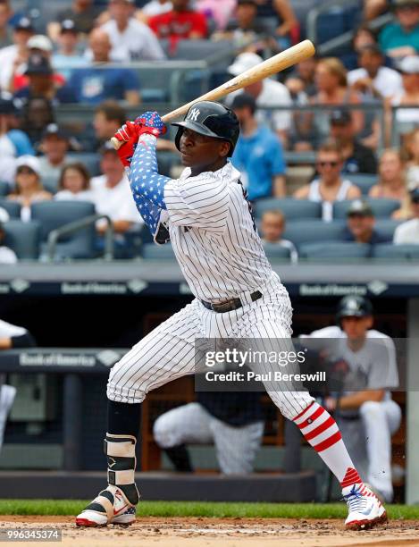 Didi Gregorius of the New York Yankees watches the double he hit in an interleague MLB baseball game against the Atlanta Braves on July 4, 2018 at...