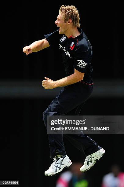 English bowler Luke Wright celebrates after the dismissal of Australian batsman Cameron White during the Men's ICC World Twenty20 final match between...