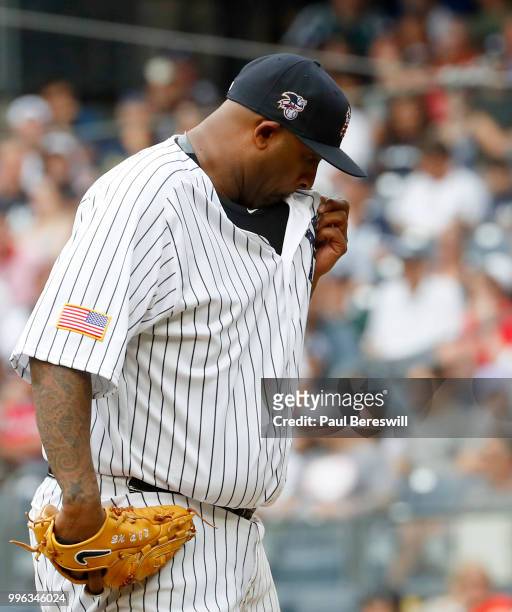 Pitcher CC Sabathia of the New York Yankees reacts in an interleague MLB baseball game against the Atlanta Braves on July 4, 2018 at Yankee Stadium...
