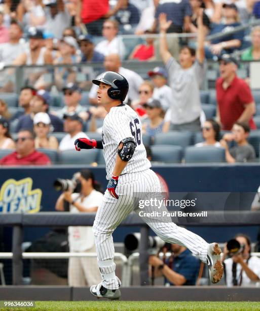 Kyle Higashioka of the New York Yankees runs the bases watching his home run in an interleague MLB baseball game against the Atlanta Braves on July...