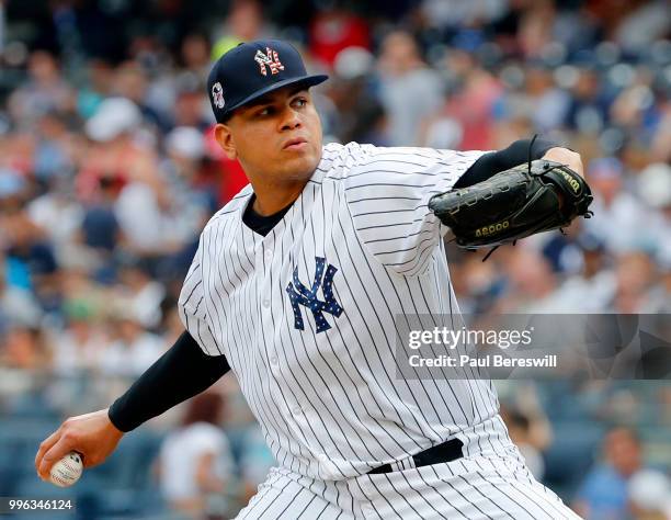 Pitcher Dellin Betances of the New York Yankees pitches in an interleague MLB baseball game against the Atlanta Braves on July 4, 2018 at Yankee...