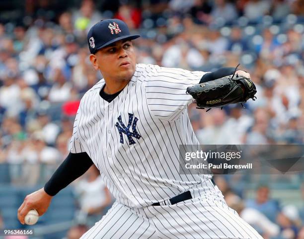 Pitcher Dellin Betances of the New York Yankees pitches in an interleague MLB baseball game against the Atlanta Braves on July 4, 2018 at Yankee...