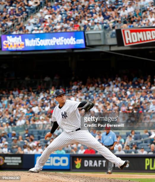 Pitcher Dellin Betances of the New York Yankees pitches in an interleague MLB baseball game against the Atlanta Braves on July 4, 2018 at Yankee...