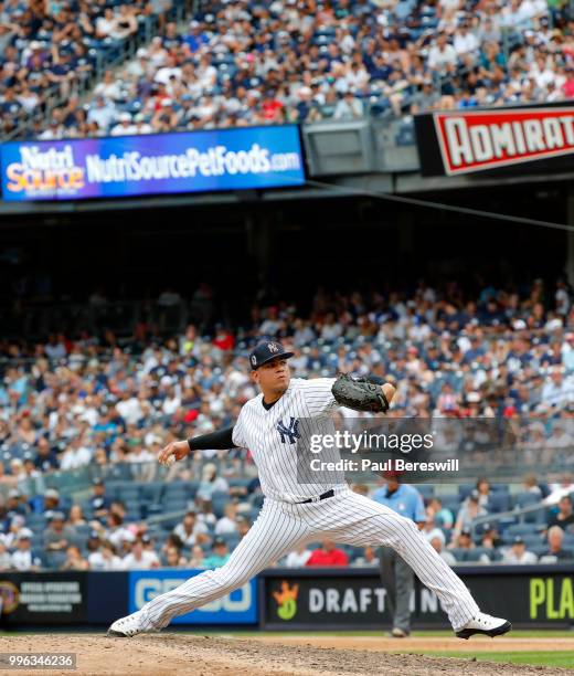 Pitcher Dellin Betances of the New York Yankees pitches in an interleague MLB baseball game against the Atlanta Braves on July 4, 2018 at Yankee...