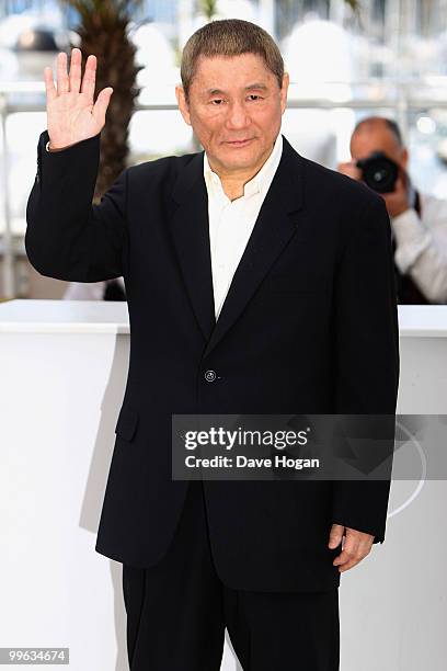 Director Takeshi Kitano attends the "Outrage" Photocall at the Salon Diane at The Majestic during the 63rd Annual Cannes Film Festival on May 17,...