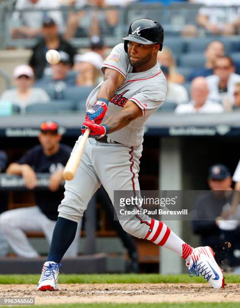 Danny Santana of the Atlanta Braves bats in an interleague MLB baseball game against the New York Yankees on July 4, 2018 at Yankee Stadium in the...