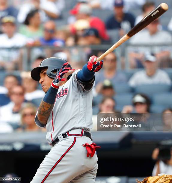 Johan Camargo of the Atlanta Braves hits a home run in an interleague MLB baseball game against the New York Yankees on July 4, 2018 at Yankee...