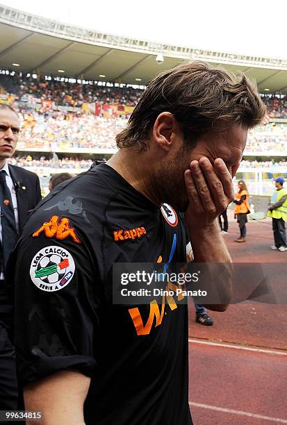 Francesco Totti of Roma shows his dejection at the end Serie A match between AC Chievo Verona and AS Roma at Stadio Marc'Antonio Bentegodi on May 16,...