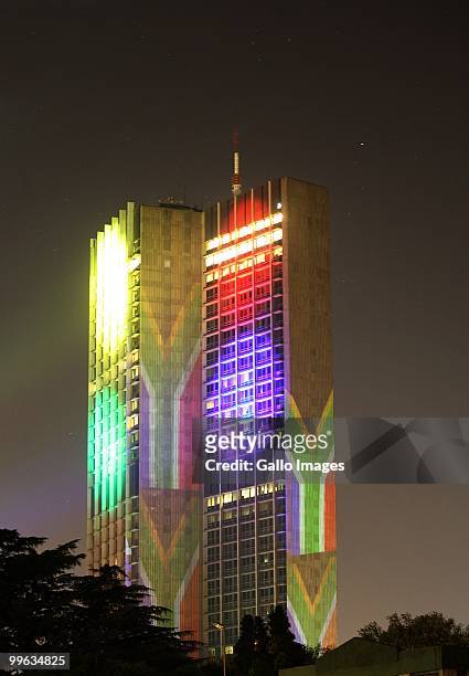 The SABC Radio Park Building is lit in the colours of the South African flag on May 14, 2010 in Johannesburg, South Africa . Th e illuminatons were...