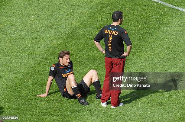 Francesco Totti of Roma shows his dejection sits on the pitch at the end Serie A match between AC Chievo Verona and AS Roma at Stadio Marc'Antonio...