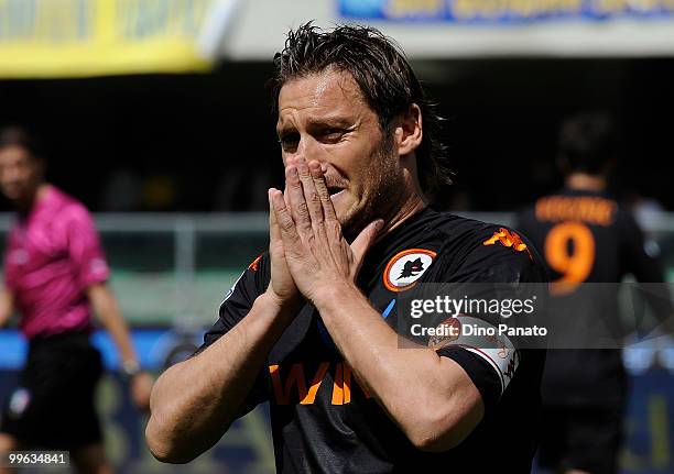 Francesco Totti of Roma show hi dejection during the Serie A match between AC Chievo Verona and AS Roma at Stadio Marc'Antonio Bentegodi on May 16,...