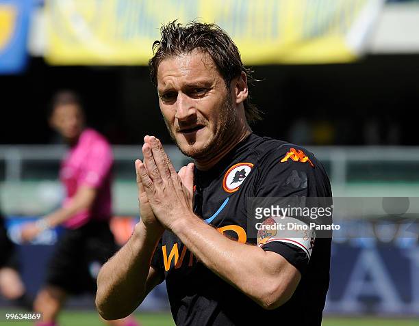 Francesco Totti of Roma show hi dejection during the Serie A match between AC Chievo Verona and AS Roma at Stadio Marc'Antonio Bentegodi on May 16,...