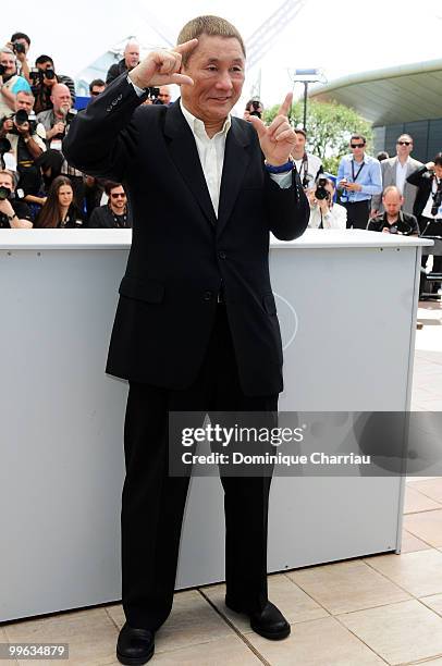 Director Takeshi Kitano attends the "Outrage" Photocall at the Salon Diane at The Majestic during the 63rd Annual Cannes Film Festival on May 17,...