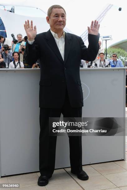 Director Takeshi Kitano attends the "Outrage" Photocall at the Salon Diane at The Majestic during the 63rd Annual Cannes Film Festival on May 17,...