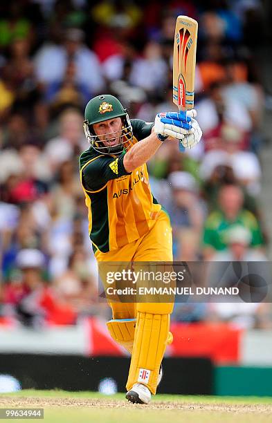 Australian batsman David Hussey plays a shot during the Men's ICC World Twenty20 final match between Australia and England at the Kensington Oval...