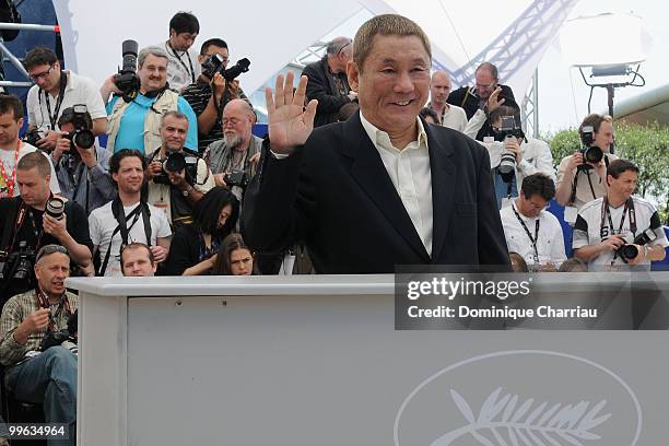 Director Takeshi Kitano attends the "Outrage" Photocall at the Salon Diane at The Majestic during the 63rd Annual Cannes Film Festival on May 17,...