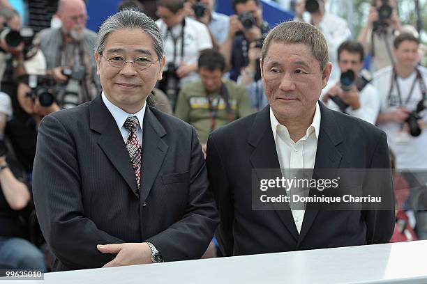 Actor Masayuki Mori and director Takeshi Kitano attend the "Outrage" Photocall at the Salon Diane at The Majestic during the 63rd Annual Cannes Film...