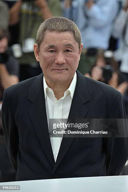 Director Takeshi Kitano attends the "Outrage" Photocall at the Salon Diane at The Majestic during the 63rd Annual Cannes Film Festival on May 17,...
