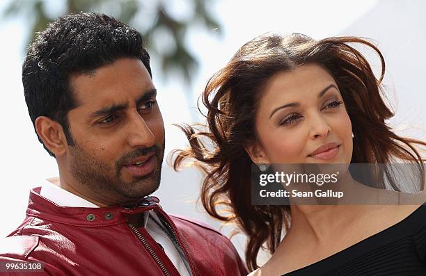 Actress Aishwarya Rai Bachchan and Abhishek Bachchan attend the "Raavan" Photocall at the Salon Diane at The Majestic during the 63rd Annual Cannes...