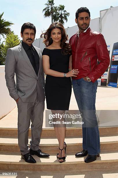 Actor 'Chiyaan' Vikram, Actress Aishwarya Rai Bachchan, Abhishek Bachchan attend the "Raavan" Photocall at the Salon Diane at The Majestic during the...