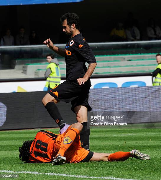 Lorenzo Squizzi goal keeper of Chievo saves at the feet of Mirko Vucinic of Roma during the Serie A match between AC Chievo Verona and AS Roma at...
