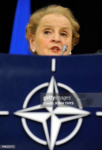 Chairwoman of the expert group and Former US Secretary of State Madeleine Albright speaks during a joint press conference with NATO Secretary General...