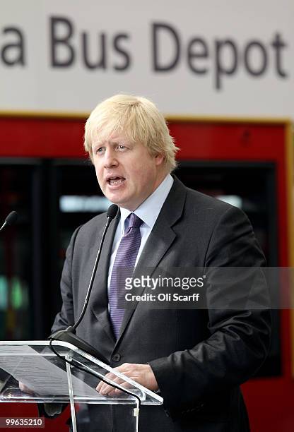Mayor of London Boris Johnson announces the design for London's new Routemaster bus in Battersea Bus Depot on May 17, 2010 in London, England. The...