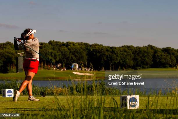 Jacklyn Lee of Ohio State tees off on the 18th hole during the Division I Women's Golf Individual Championship held at the Karsten Creek Golf Club on...