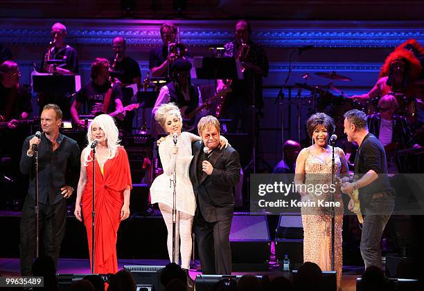 Sting, Debbie Harry, Lady Gaga, Elton John, Dame Shirley Bassey and Bruce Springsteen perform on stage during the Almay concert to celebrate the...