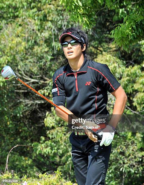 Ryo Ishikawa reacts after hitting a tee shot during the second round of Japan's PGA Championship Nissin Cup Noodles Cup at Passage Kinkai Island Golf...