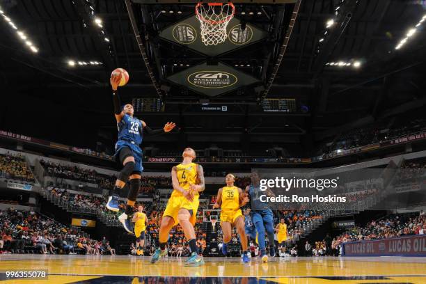 Maya Moore of the Minnesota Lynx goes to the basket against the Indiana Fever on July 11, 2018 at Bankers Life Fieldhouse in Indianapolis, Indiana....