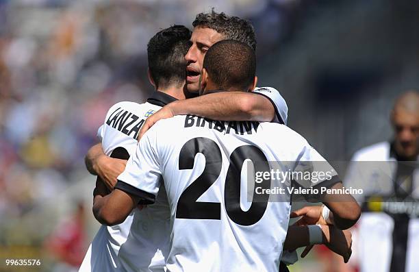 Davide Lanzafame of Parma FC celebrates his goal with Hernan Crespo and Jonathan Ludovic Biabiany during the Serie A match between Parma FC and AS...