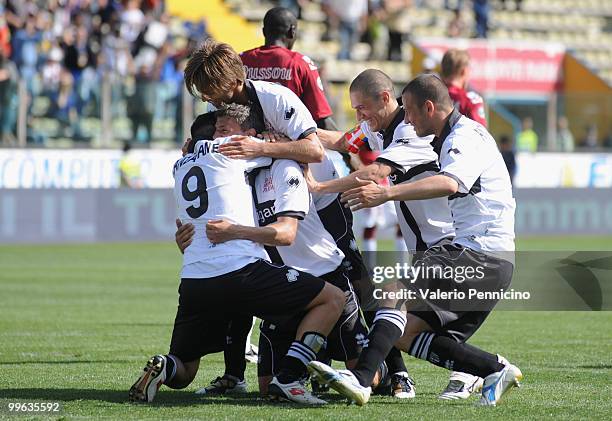 Hernan Crespo of Parma FC celebrates with his team mates after scoring during the Serie A match between Parma FC and AS Livorno Calcio at Stadio...