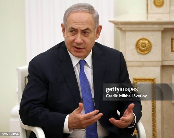 Israeli Prime Minister Benjamin Netanyahu speeches during his talks at the Kremlin, in Moscow, Russia, July 2018. Prime Minister of Israel is having...