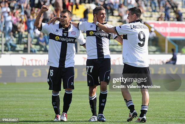 Hernan Crespo of Parma FC celebrates his goal with Emilov Valeri Bojinov and Davide Lanzafame during the Serie A match between Parma FC and AS...