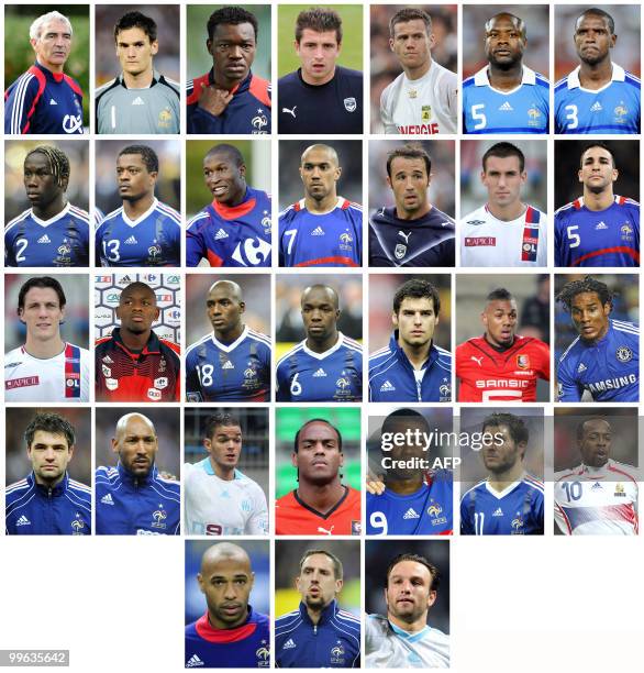 Combo of pictures of the 30 French football team members preselected by coach Raymond Domenech on May 11 for the 2010 World Cup in South Africa....