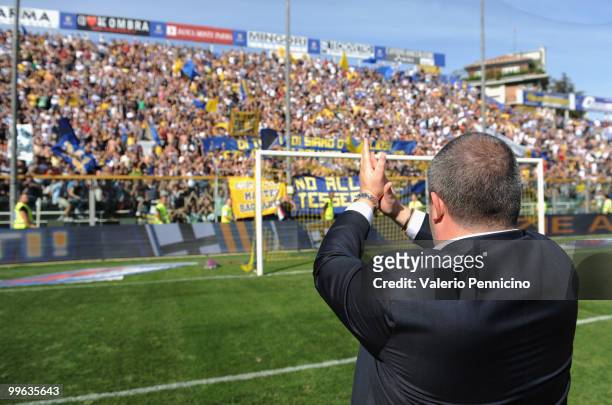 President of Parma FC Tommaso Ghirardi salutes the crowd at the end of Serie A match between Parma FC and AS Livorno Calcio at Stadio Ennio Tardini...