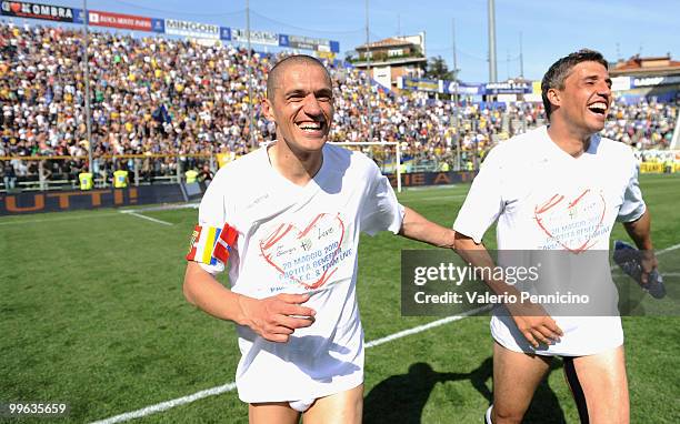 Stefano Morrone and Hernan Crespo of Parma FC celebrate the end of season after the Serie A match between Parma FC and AS Livorno Calcio at Stadio...