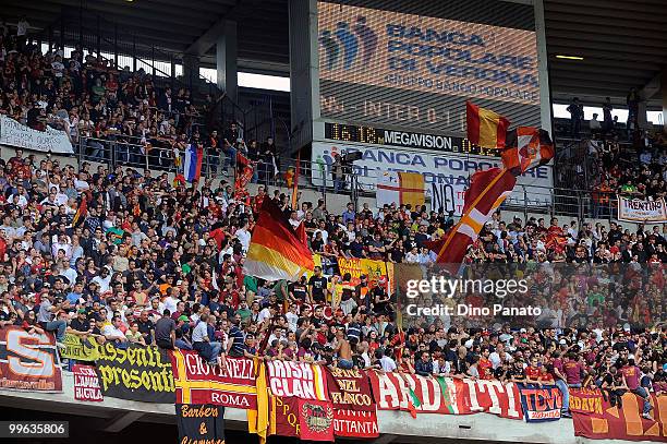 Fans of Roma during the Serie A match between AC Chievo Verona and AS Roma at Stadio Marc'Antonio Bentegodi on May 16, 2010 in Verona, Italy.