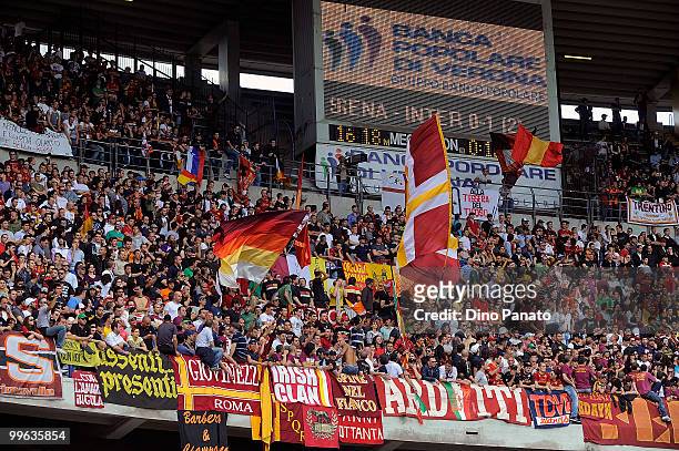 Fans of Roma during the Serie A match between AC Chievo Verona and AS Roma at Stadio Marc'Antonio Bentegodi on May 16, 2010 in Verona, Italy.