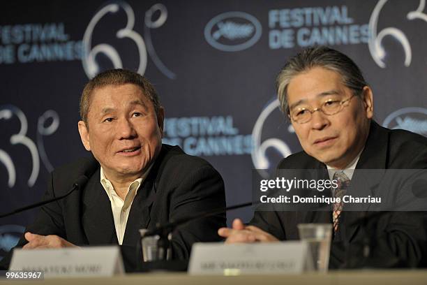 Actor Masayuki Mori and director Takeshi Kitano attend the "Outrage" Press Confernce at the Palais des Festivals during the 63rd Annual Cannes Film...