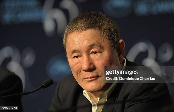 Director/Actor Takeshi Kitano attends the "Outrage" Press Confernce at the Palais des Festivals during the 63rd Annual Cannes Film Festival on May...